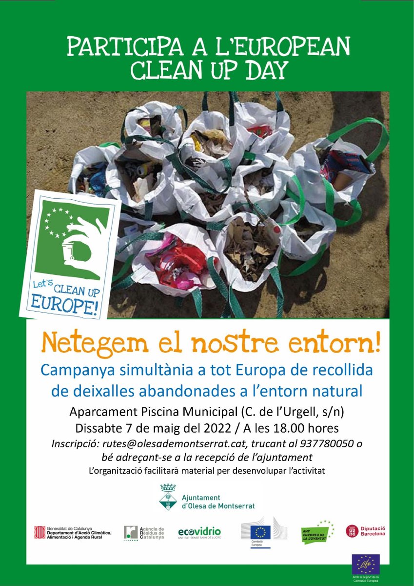 AjuntamentOlesa's tweet photo. 🔴 "EUROPEAN CLEAN UP DAY"
♻️ L'"European Clean Up Day" és una campanya simultània a tot Europa de recollida de deixalles abandonades a l'entorn natural.
📍Aparcament Piscina Municipal (carrer de l'Urgell, s/n)
📅07/05
⏰18 h
➕https://t.co/Y875UmmICs
#Olesa #EuropeanCleanUpDay https://t.co/6hsXUqrnoR