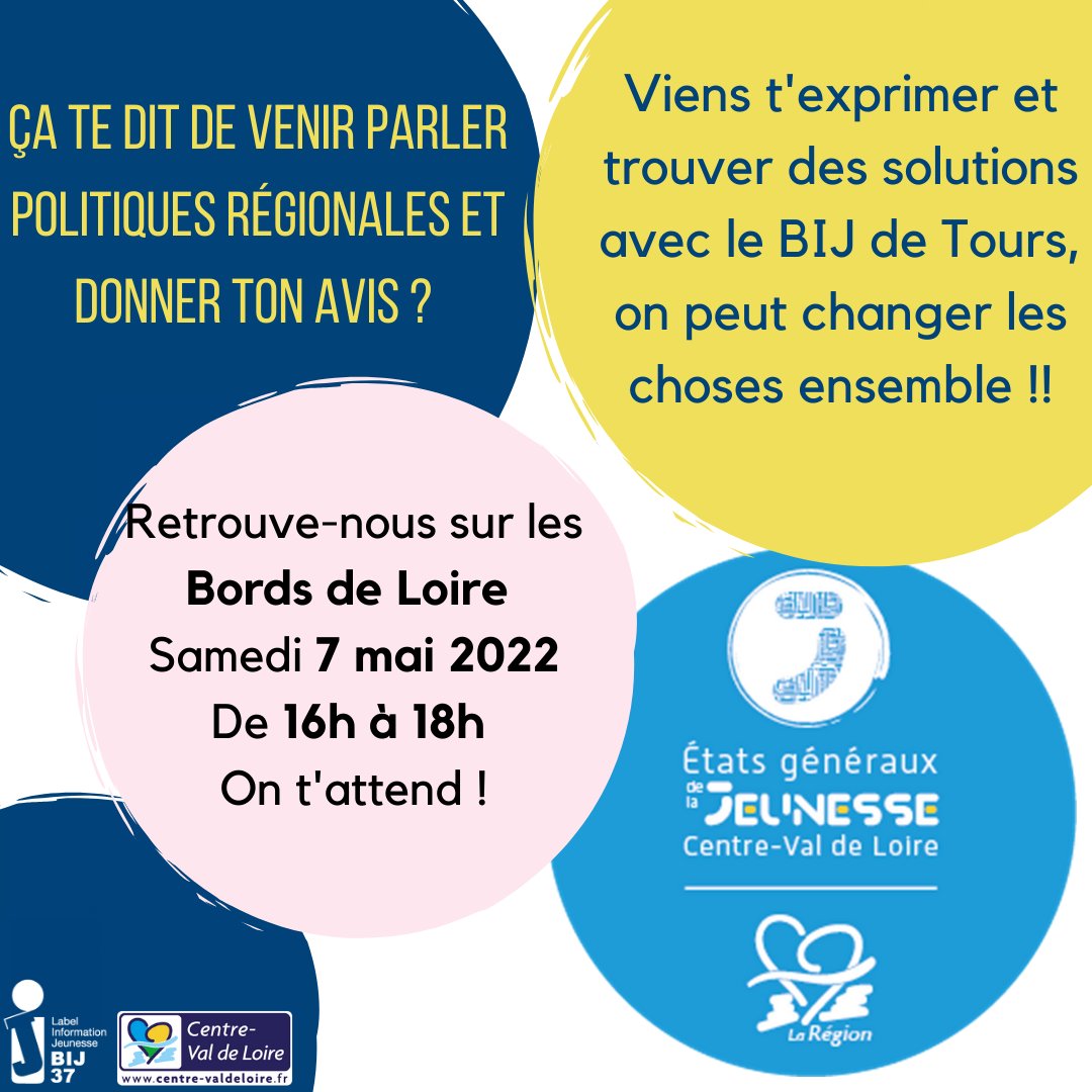 #Jeunesse 💙
📢 États Généraux de la Jeunesse : la <a href="/RCValdeLoire/">Région Centre-Val de Loire</a> vient à la rencontre des #jeunes 👋
 
🗓 Samedi à #Tours, le <a href="/BIJ37/">BIJ Indre-et-Loire</a> vous invite à "parler politiques régionales" : RDV de 16h à 18h sur les bords de Loire 🗣
 
➕ sur les États Généraux ↙️
 bit.ly/3vbD7OC