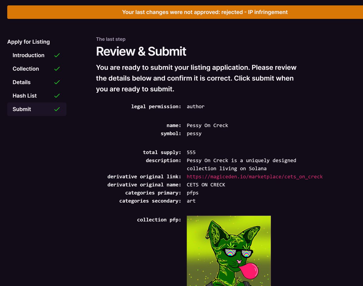 PessyOnCreck's tweet photo. @MagicEden approved all other derivatives apart from ours for IP infringement. There is politics in #web3 and someone from @CetsOnCreck are doing their best to keep the project out. They are scared that our art is better than their future collection. Is this decentralization? https://t.co/tAsXBvQeZ9