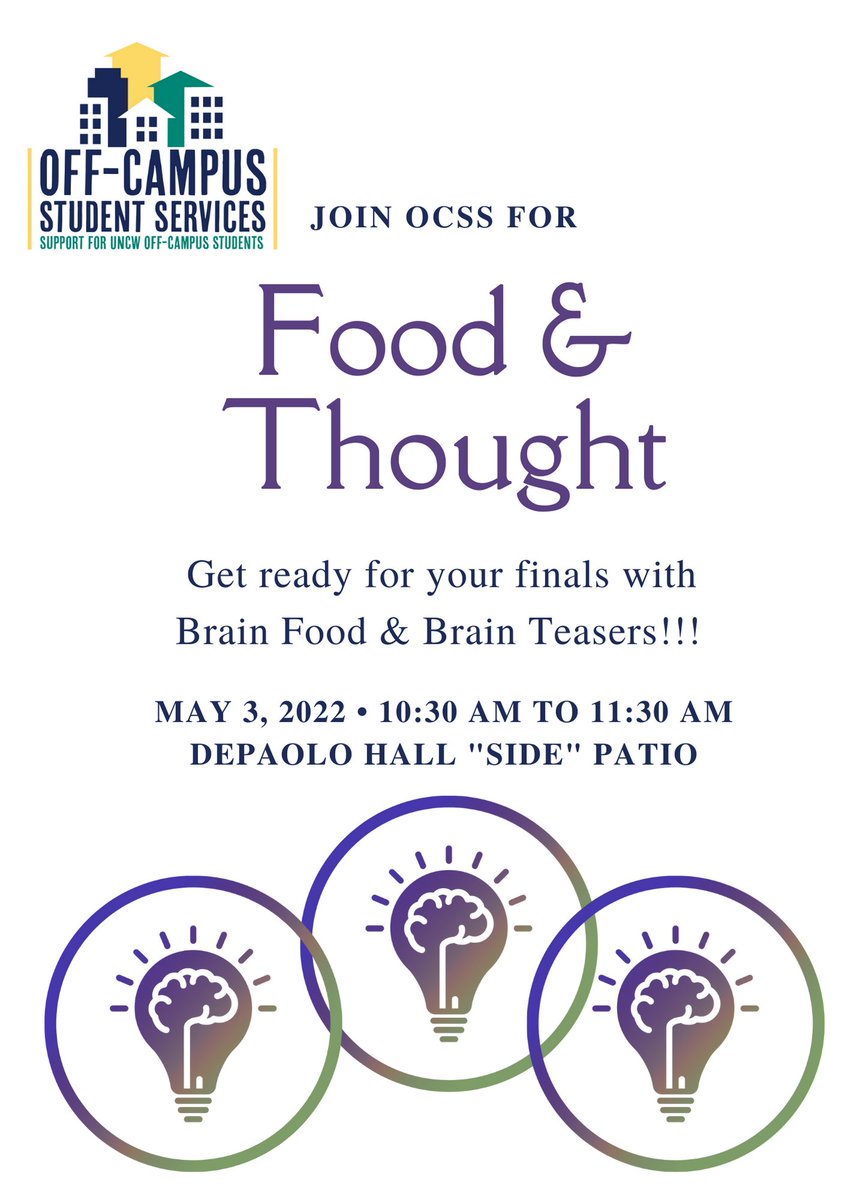 Seahawk_OCSS's tweet image. TODAY! Join OCSS For Food &amp;amp; Thought! Get ready for your finals with Brain Food &amp;amp; Brain Teasers!!! May 3, 2022, 10:30 AM to 11:30 AM, DePaolo Hall "Side" Patio