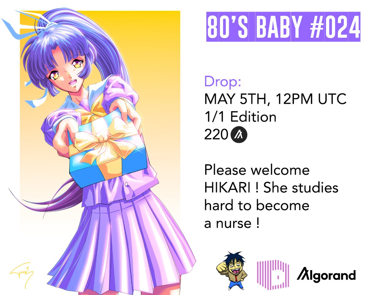 80sBabyNFT's tweet photo. Dropping on MAY 5th at 12PM UTC on @_Dartroom 

🎁
80's Baby #024 "HIKARI"
1/1
220 $ALGO
Please be ready!
🏃‍♂️https://t.co/2Gdtu2wfoi

#algorand #algofam #algonft #algonfts #algo #nftanime #CleanNFT https://t.co/fKLYZOOA5O