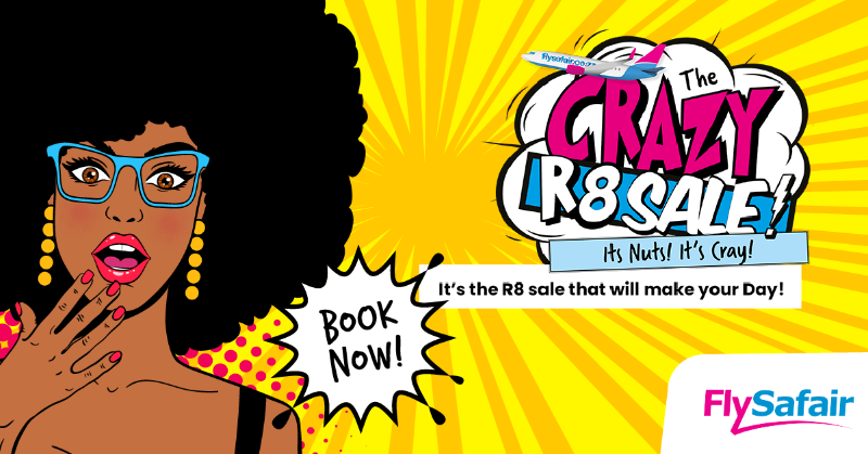 FlySafair's tweet photo. What’s crazier than being able to fly to any of SA’s major cities for just R8? Nothing! So, what are you waiting for? Join the craziest sale of the year now at https://t.co/WHR2Gnrr18 and try your luck at an R8 flight. Tickets are selling fast, so you better hurry!