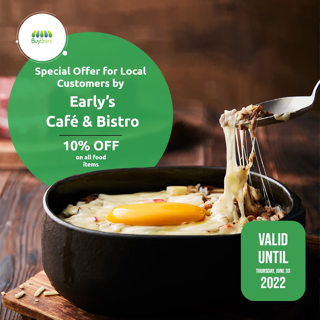Enjoy 10% off everything on the menu at  Early’s Café &amp; Bistro.

Download the BuyBrent App to claim this offer.
bit.ly/BuyBrent 

Offer valid until – Thursday, June 30, 2022

#BuyBrent #OrderLocal #brentlocal #SaveMoney #ShopLocal #localrewards #shopindependent #shopuk