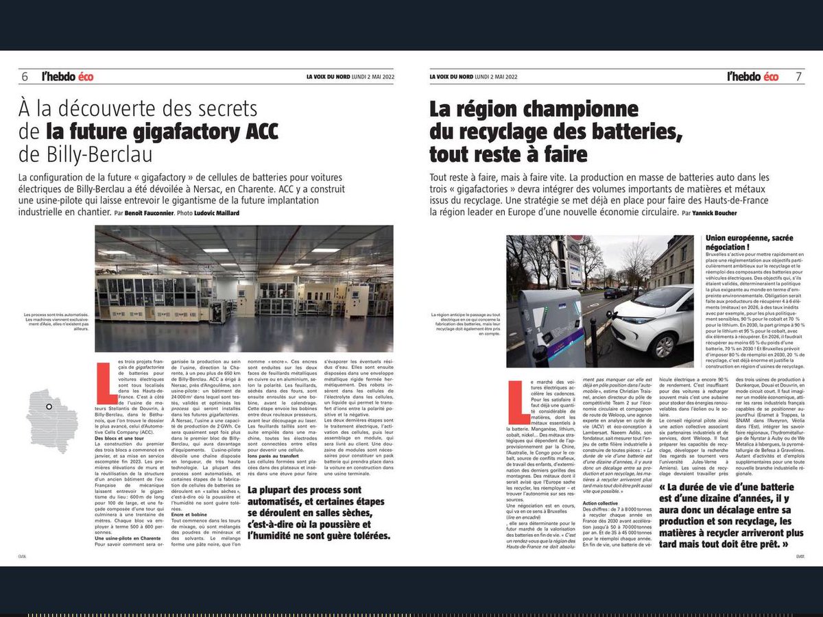 <a href="/WeLOOP_/">WeLOOP</a> a été citée dans l’hebdo éco de <a href="/lavoixdunord/">La Voix du Nord</a> dans le cadre de son activité sur le secteur des batteries !
<a href="/c_traisnel/">christian TRAISNEL</a>, compagnon de route de WeLOOP et <a href="/ADIBI1/">Naeem ADIBI</a> y rappellent les enjeux de la filière et de la position de la région sur le secteur de la mobilité.