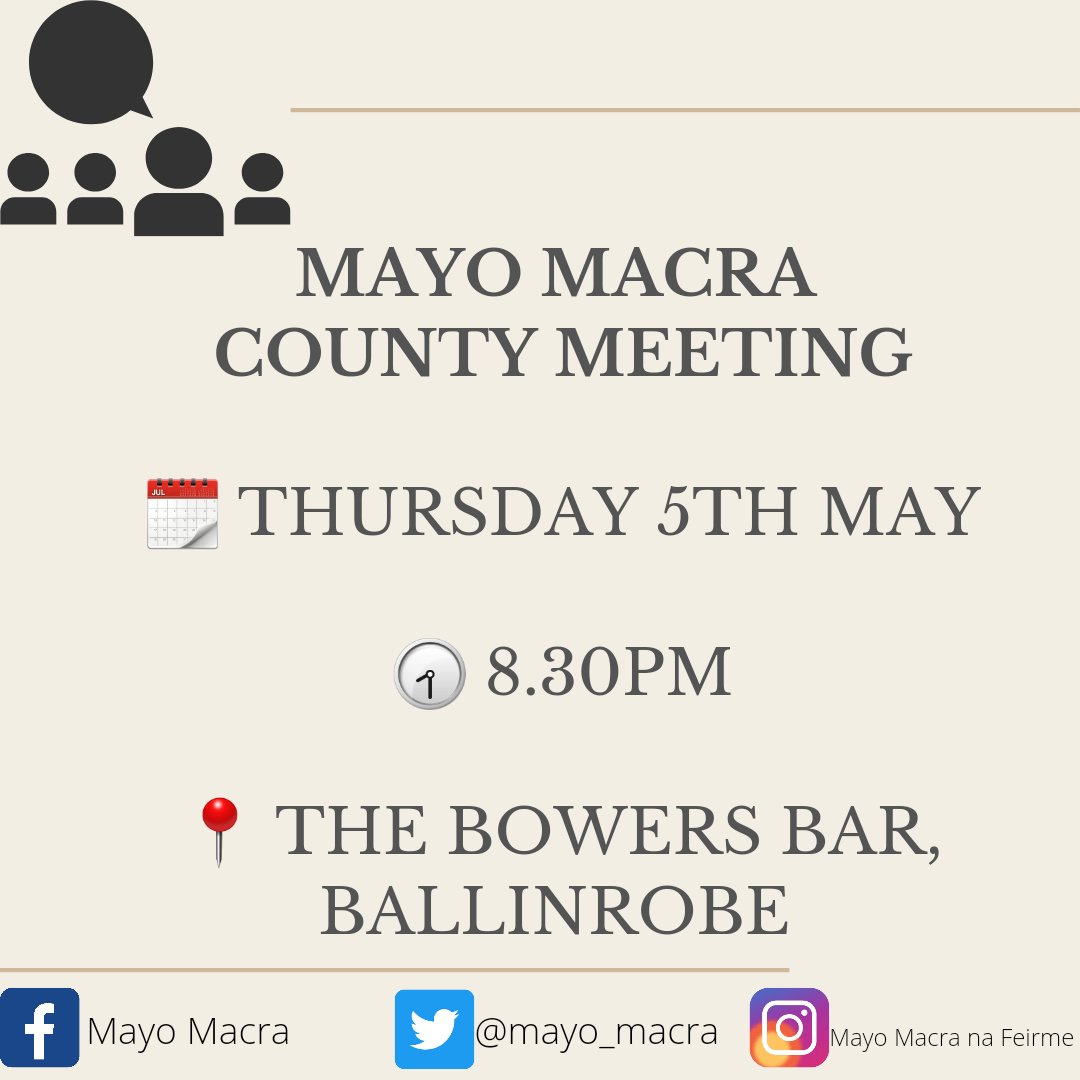 Our next Mayo Macra County meeting takes place this Thursday 5th May at 8.30pm in The Bowers Bar, Ballinrobe.

All welcome to attend! #macra