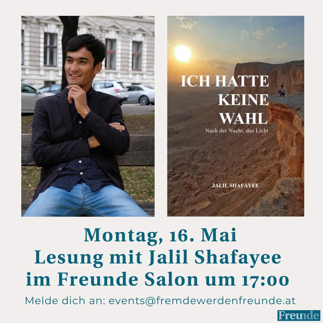 'Ich hatte drei Möglichkeiten: sterben, mit den Taliban arbeiten oder aus meinem Land fliehen, um mein Leben zu retten'. @jalil_shafayee ist Autor des Buches 'Ich hatte keine Wahl' und wir freuen uns dass Jalil Shafayee am Montag, 16. Mai im Freunde Salon zu Gast ist.