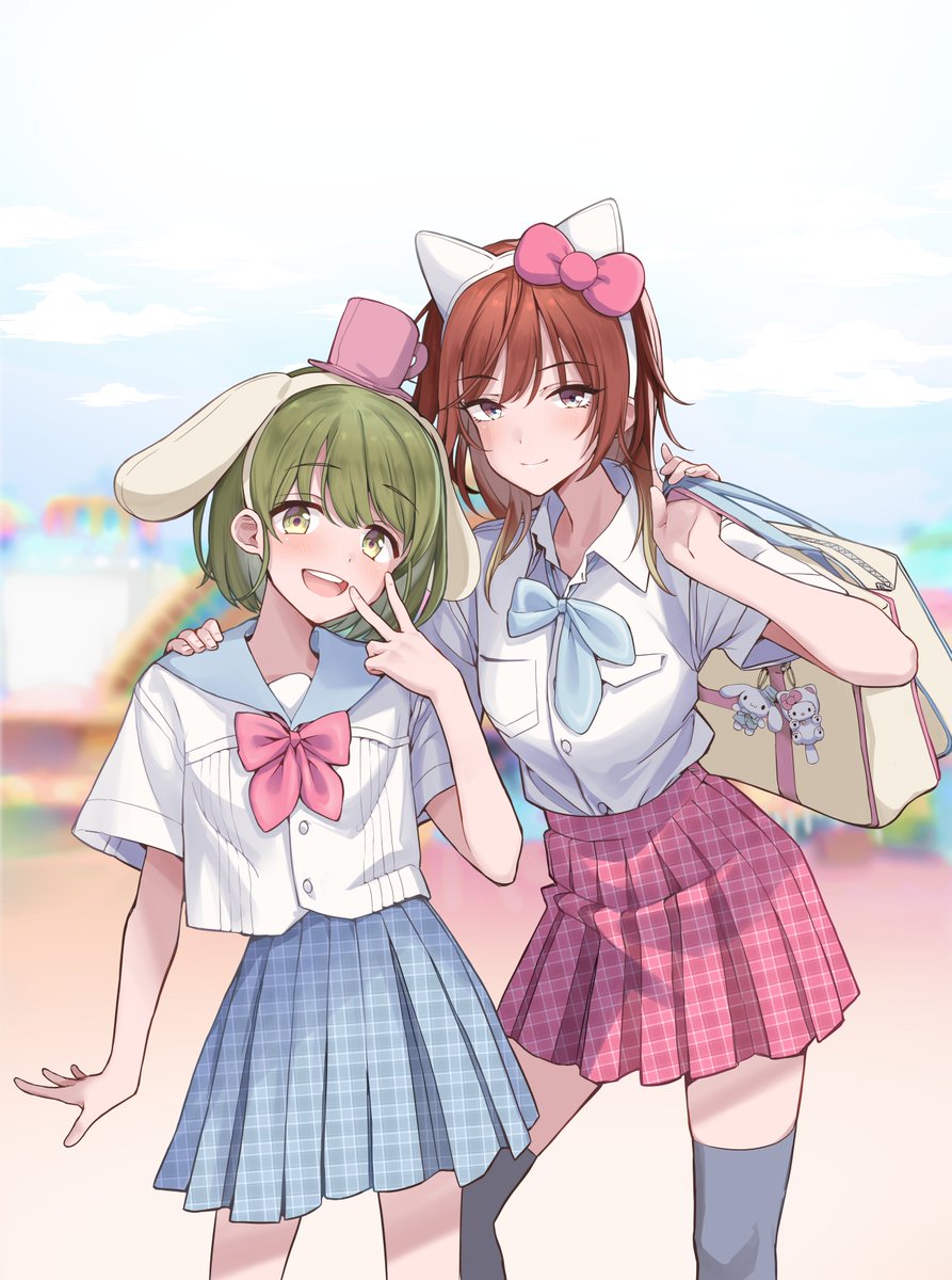 2girls multiple girls school uniform animal ears green hair skirt bag  illustration images