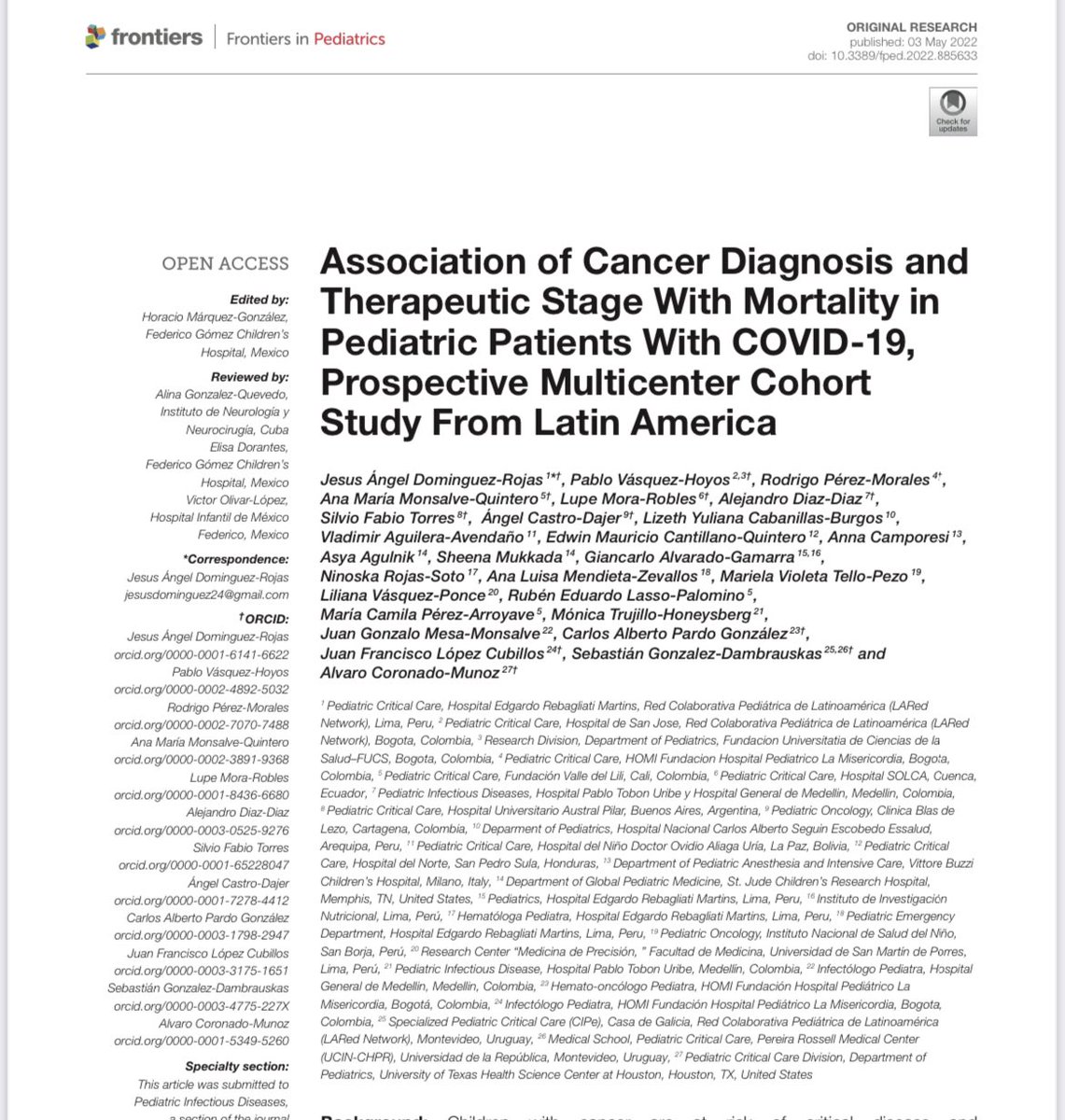 La importancia del trabajo colaborativo en LATAM! * 🅝🅔🅦 🅟🅐🅟🅔🅡* 📑 COVID 19 y su impacto en niños con Cáncer. Liderados por <a href="/JesusDo14820984/">Jesus Dominguez</a> <a href="/pvasquezcolpicu/">Pablo Vásquez-Hoyos 🇨🇴, MD MSc</a> 
Y aportando desde <a href="/FVLCali/">Fundación Valle del Lili</a> <a href="/nitamonsalve/">anita monsalve q</a> <a href="/mcperez9120/">Maria Camila Pérez</a> 
⬇️⬇️
frontiersin.org/articles/10.33… 
<a href="/SergioPradaR/">Sergio I. Prada, PhD</a>