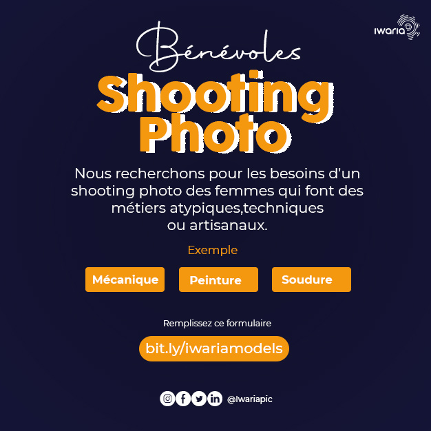 Iwariapic's tweet photo. 🚨 Shooting Alert !

Connaissez-vous des femmes, exerçant des métiers atypiques : mécaniciennes, peintres, soudeuses, menuisières, ébénistes... ? Orientez-les vers nous. Nous organisons un shooting autour de cette thématique. 

Inscription 👉🏿 https://t.co/W3Ot9QJFNK

#iwariapic https://t.co/MLqhwZn6F2