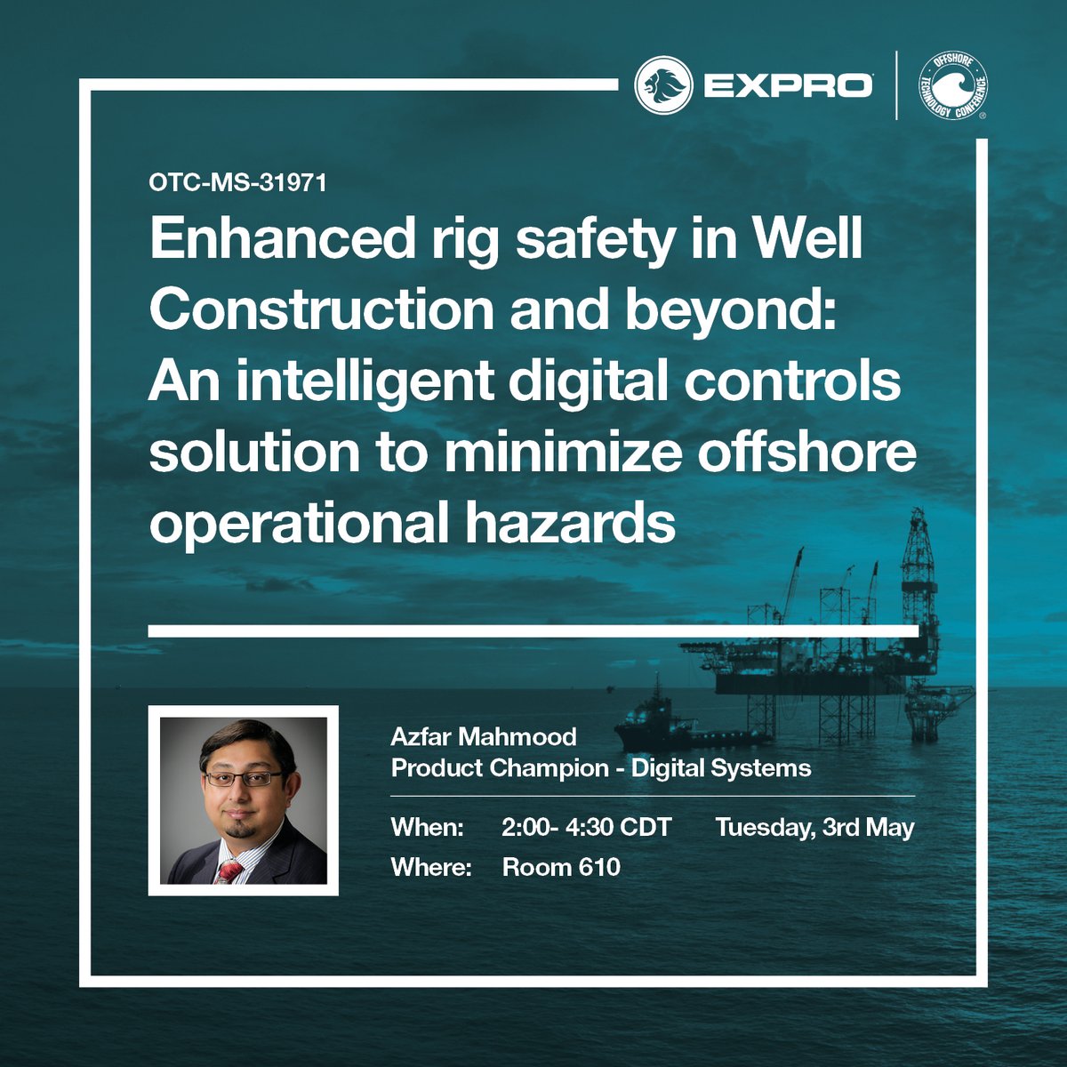 ExproGroup's tweet photo. We're presenting a paper on enhanced rig safety in well construction today from 14:00 - 16:30, room 610 @OTCevents
Come join us to find out how digitalization can minimize offshore operational hazards.
#OTC2022 #ThisIsExpro https://t.co/Oqb5Mc5obN