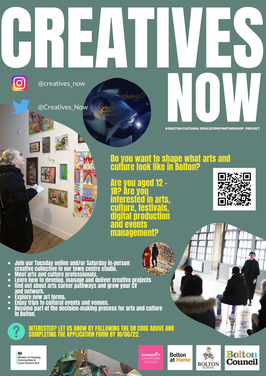 Seeking Bolton Culture Champions! Aged 12 - 18 and keen to shape what arts and culture look like in your town? Follow this link to let us know that you are interested to find out more: forms.gle/fz5e8Pvjizvyxk…. Deadline: Friday 10 June. Please share far and wide!
