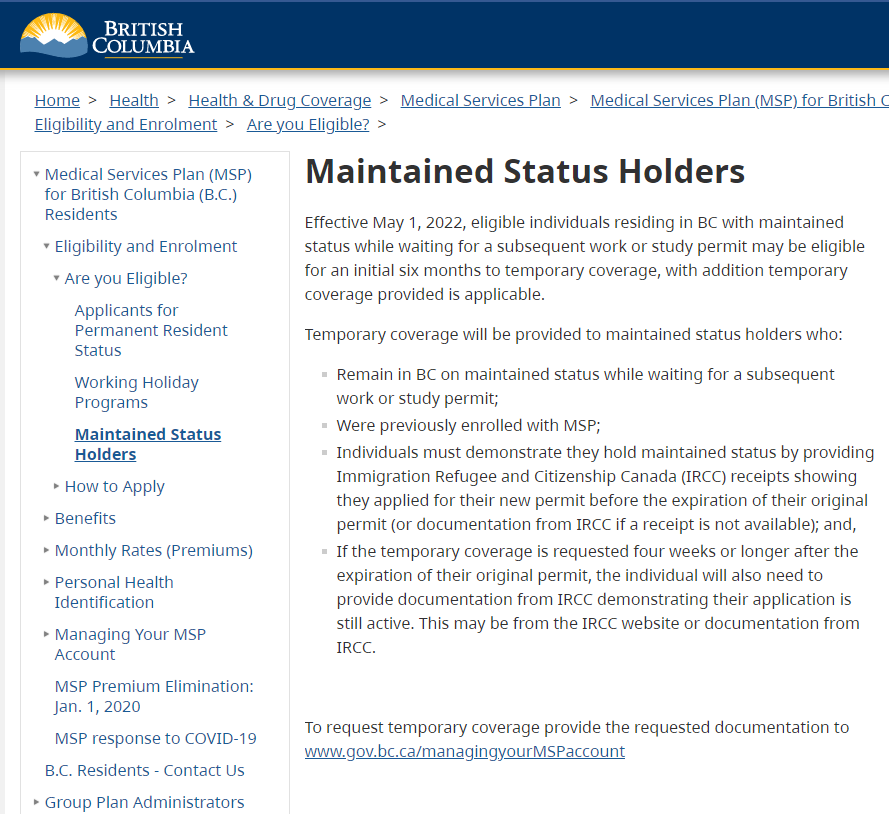 Candy_BSP_RCIC's tweet photo. #cdnimm #BC #MaintainedStatus #Coverage Effective May 1, 2022 while waiting for a WP/SP may be eligible for an initial 6mths to temp coverage. Remain in BC&previously enrolled w/ MSP&demo hold maintained status&requested 4wks+after the exp of original permit, need to provide doc. https://t.co/3I21eZKuPi