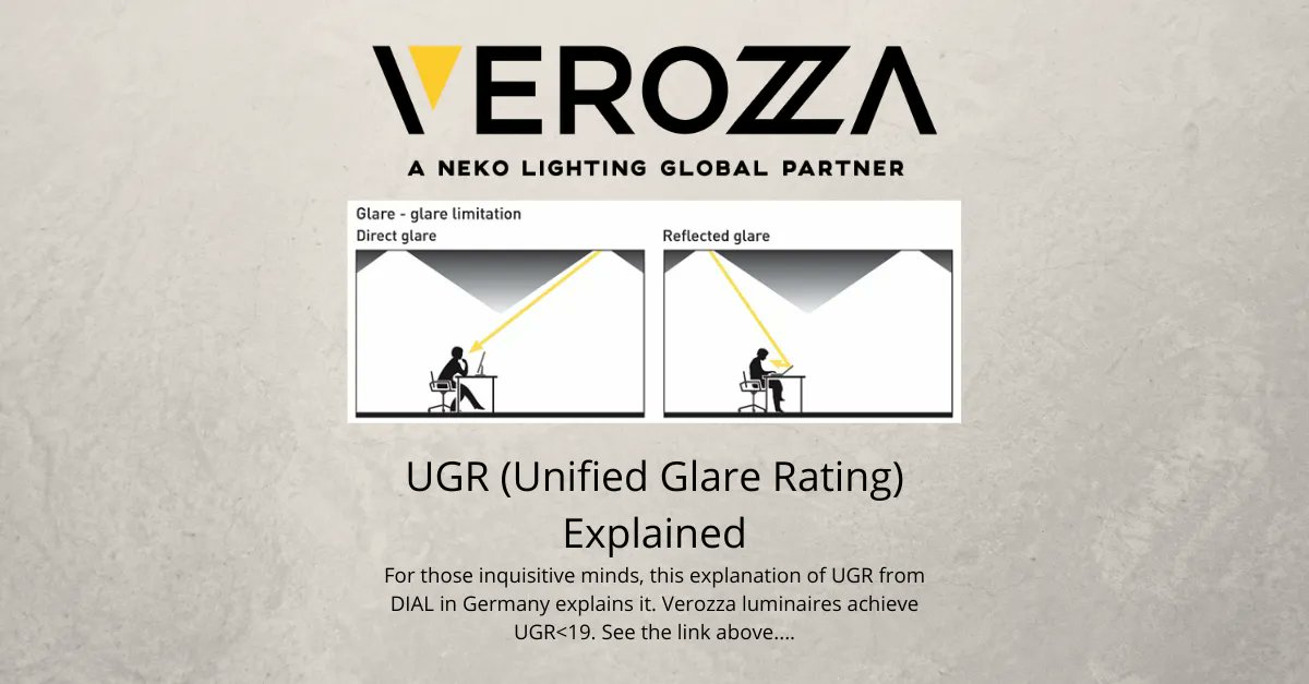 Verozza luminaires achieve UGR<19. What does that mean? It means Verozza is extremely comfortable within a given space. Low or no glare.....visually comfortable! For an explanation about UGR click here: buff.ly/3KliyF7

#TrustInVerozza
#UGR
#LowGlare
#LightingDesign