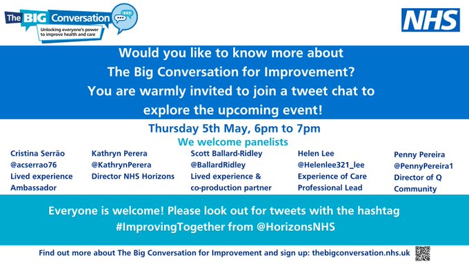 NHS Horizons (@horizonsnhs) on Twitter photo We hope you can join this evening's tweet chat on The Big Conversation for Improvement!
Join panellists <a href="/acserrao76/">♿️🏳️🌈Cristina Serrão she/her 🇪🇺🇵🇹🇸🇳🇬🇼</a> @KathrynPerera <a href="/ballardridley/">Scott Ballard-Ridley</a> <a href="/helenlee321_lee/">#HelloMyNameIs Helen Lee 👋😀</a> <a href="/PennyPereira1/">Penny Pereira</a>
to find out more about it!
🗓️Thurs 5 May
⏰6pm to 7pm
#ImprovingTogether
thebigconversation.nhs.uk We hope you can join this evening's tweet chat on The Big Conversation for Improvement!
Join panellists <a href="/acserrao76/">♿️🏳️🌈Cristina Serrão she/her 🇪🇺🇵🇹🇸🇳🇬🇼</a> @KathrynPerera <a href="/ballardridley/">Scott Ballard-Ridley</a> <a href="/helenlee321_lee/">#HelloMyNameIs Helen Lee 👋😀</a> <a href="/PennyPereira1/">Penny Pereira</a>
to find out more about it!
🗓️Thurs 5 May
⏰6pm to 7pm
#ImprovingTogether
thebigconversation.nhs.uk