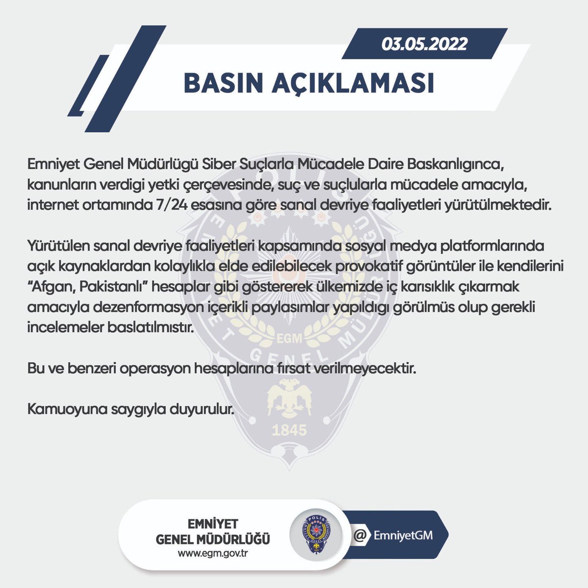Provokatif görüntüler ile kendilerini “Afgan, Pakistanlı” hesaplar gibi göstererek ülkemizde iç karışıklık çıkarmak amacıyla #disinformation içerikli paylaşımlar yapanlar hakkında <a href="/EmniyetGM/">Türk Polis Teşkilatı</a> <a href="/SiberayEGM/">Siberay</a> Başkanlığınca, inceleme başlatıldı.
#Propaganda #misinformation