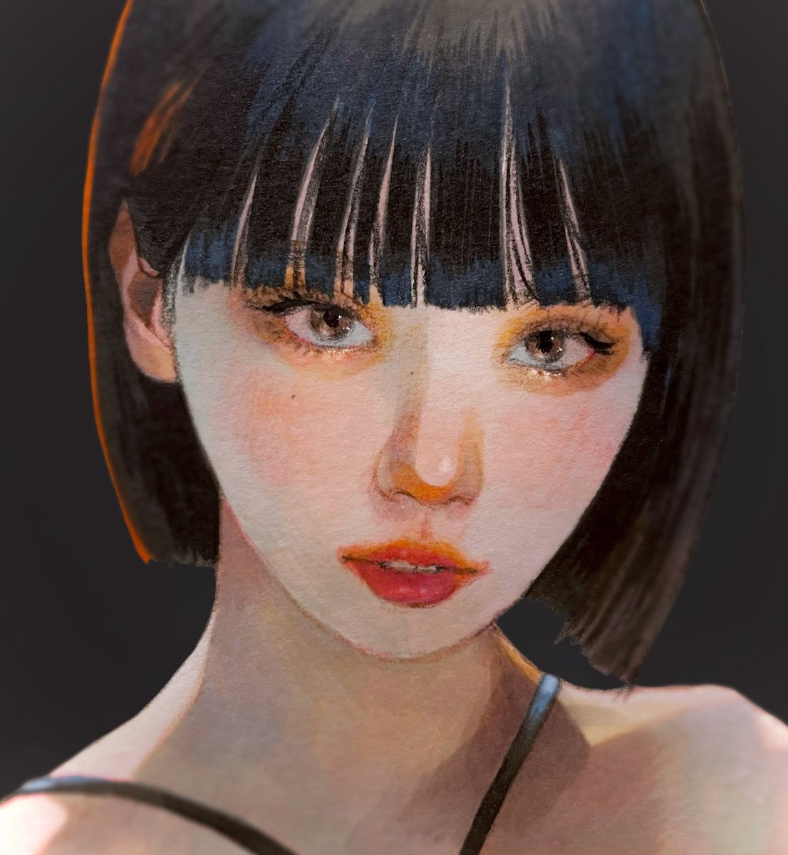 1girl solo short hair portrait bangs looking at viewer black background  illustration images