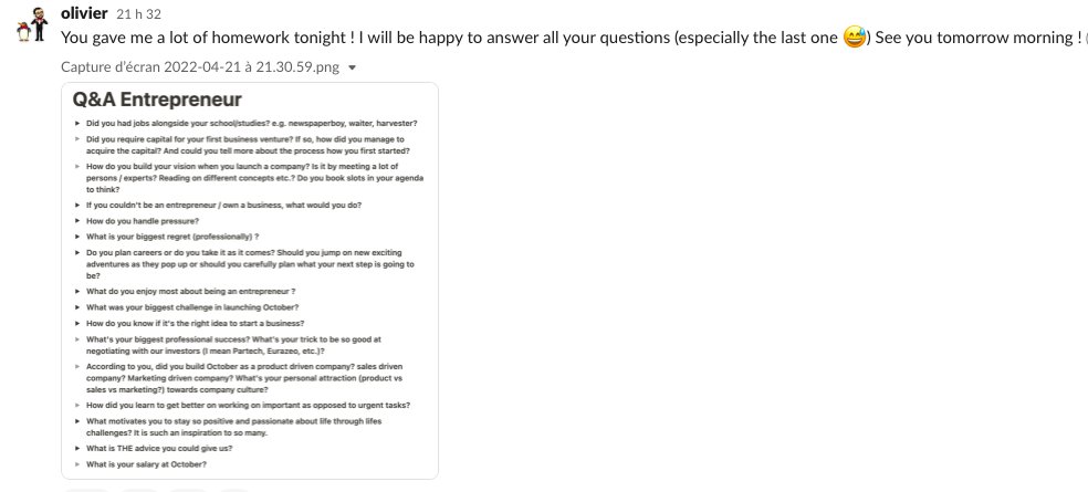 💡Meet and learn

Elk kwartaal nodigt October een #ondernemer uit voor #kennisuitwisseling en inspiratie 📣. We vragen de ondernemer om zijn of haar verhaal te delen over ondernemen, successen en twijfels.

🚀 Onze voorzitter en mede-oprichter @oliviergoy trapte af.