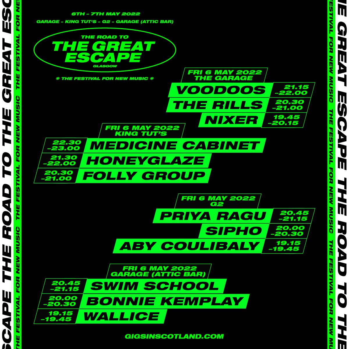 gigsinscotland's tweet photo. The stage times for The Road To The Great Escape are out! 🤩 Check out who you can see playing across @kingtuts and @Garageglasgow this coming Friday and Saturday. Weekend, day and individual show tickets available NOW! ✨#R2TGE

TICKETS ⇾ https://t.co/Dbe1LBqpjn https://t.co/QXUaR62Jj3