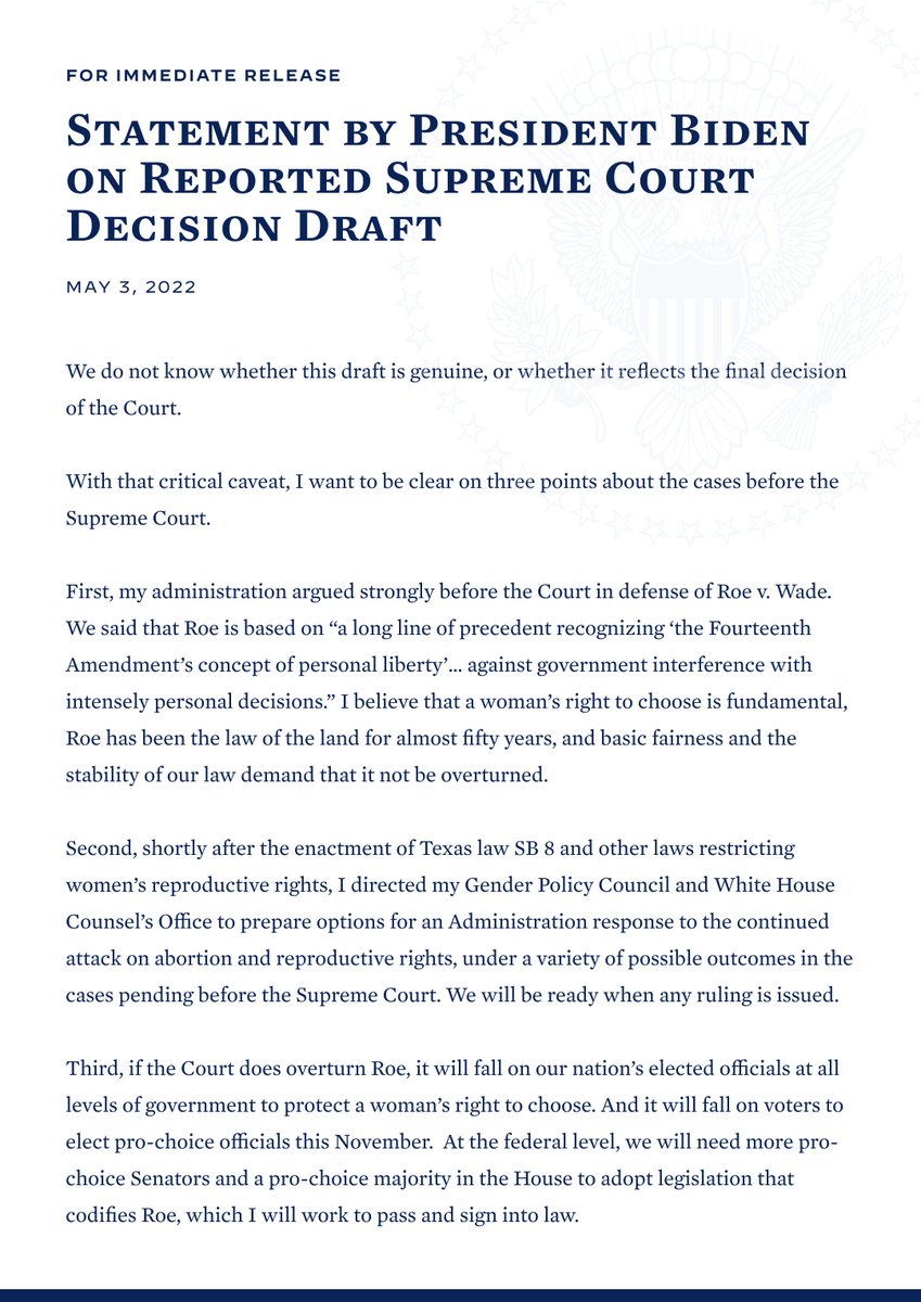RT @POTUS: My statement on the reported Supreme Court decision draft. https://t.co/Kt3bP0kzqU
