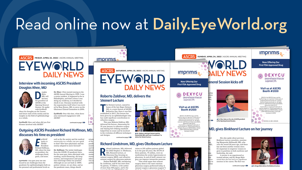 ASCRStweets's tweet photo. Missed the daily news from the ASCRS Annual Meeting? EyeWorld has you covered. Find each issue of EyeWorld Daily News here - https://t.co/hrjDuSIofj
#EyeWorld #ASCRS2022 https://t.co/pe2pmmaNCx