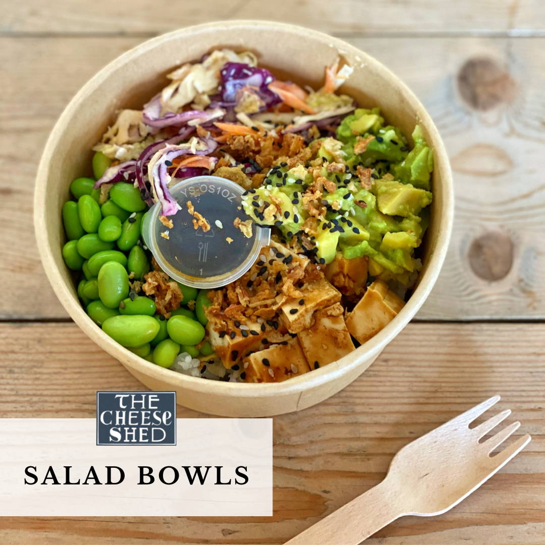 You can now enjoy a wholesome SALAD BOWL 🥗 from The Cheese Shed, freshly delivered in from our lovely friends @sageandsquash.

Pictured here is the Teriyaki Poke Bowl with tofu, rice, edamame, radish, vegan slaw and avocado, topped with pickled red onion poke sauce, sesame see