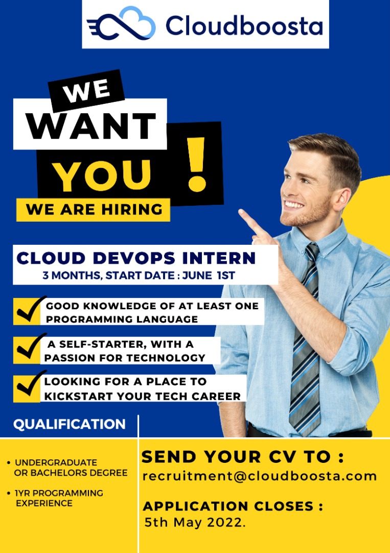cloudboosta's tweet photo. We are hiring.
Are you looking for a way to kick start your tech career? You can start by sending in your application.
#vacancy
#techjob
#jobs
#cloudcomputingjobs
#DevOpsEngineer https://t.co/ZQwbcpR2lm
