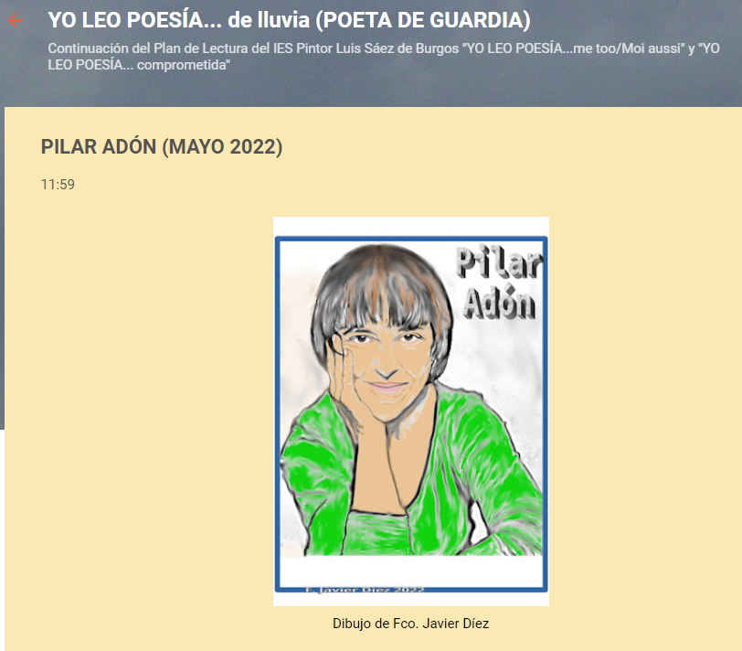 La poeta de guardia de este mes es PILAR ADÓN. Os invitamos a que visitéis la entrada en el blog y leáis la antología que hemos elaborado: plandelecturayoleopoesia.blogspot.com/2022/04/pilar-…