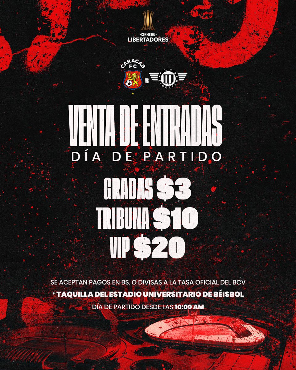 Caracas_FC's tweet image. 🚨¡ATENCIÓN FANÁTICOS!🚨

Ya puedes comprar tus entradas para el partido frente al Club Libertad de Paraguay en la taquilla del Estadio Universitario de béisbol de la UCV. 

¡Apoya al Rojo! #JuntosPorCaracas 💪🏻🇾🇪