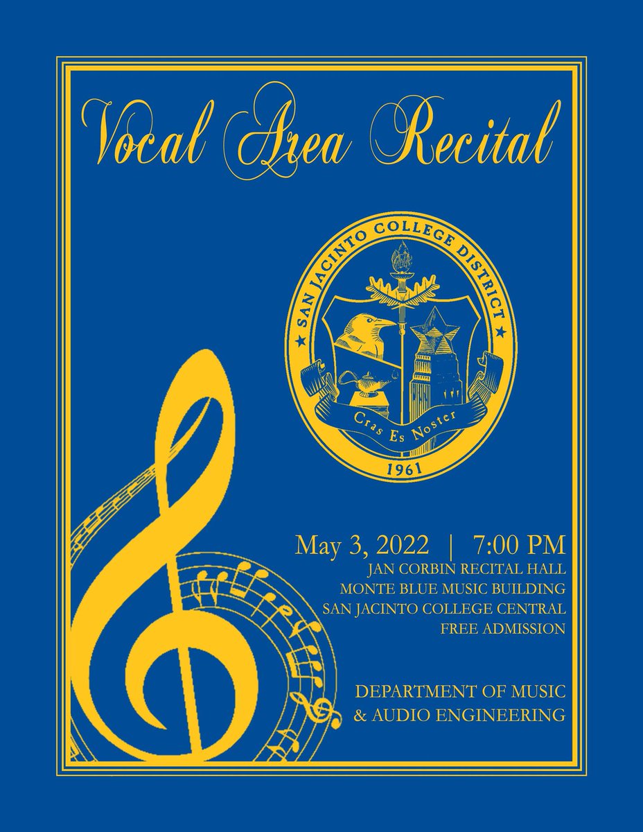 SJCCMusic's tweet photo. TONIGHT!  SJCC Vocal Area Recital, 7 PM in Corbin Hall, Monte Blue Music Building.  In-person and livestreamed on Facebook.  https://t.co/mYBV5pjR0i @SanJacCollege #sjcspring22 #freeconcert https://t.co/iid6a2MkbK