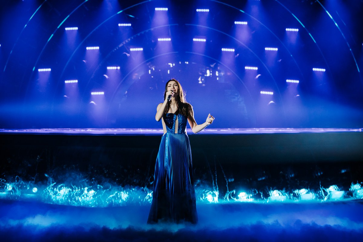 Vladana is wearing an elegant blue dress that's very much in keeping with  this year's high fashion styling  we're having our own Met Gala over here  in Turin.  #Eurovision