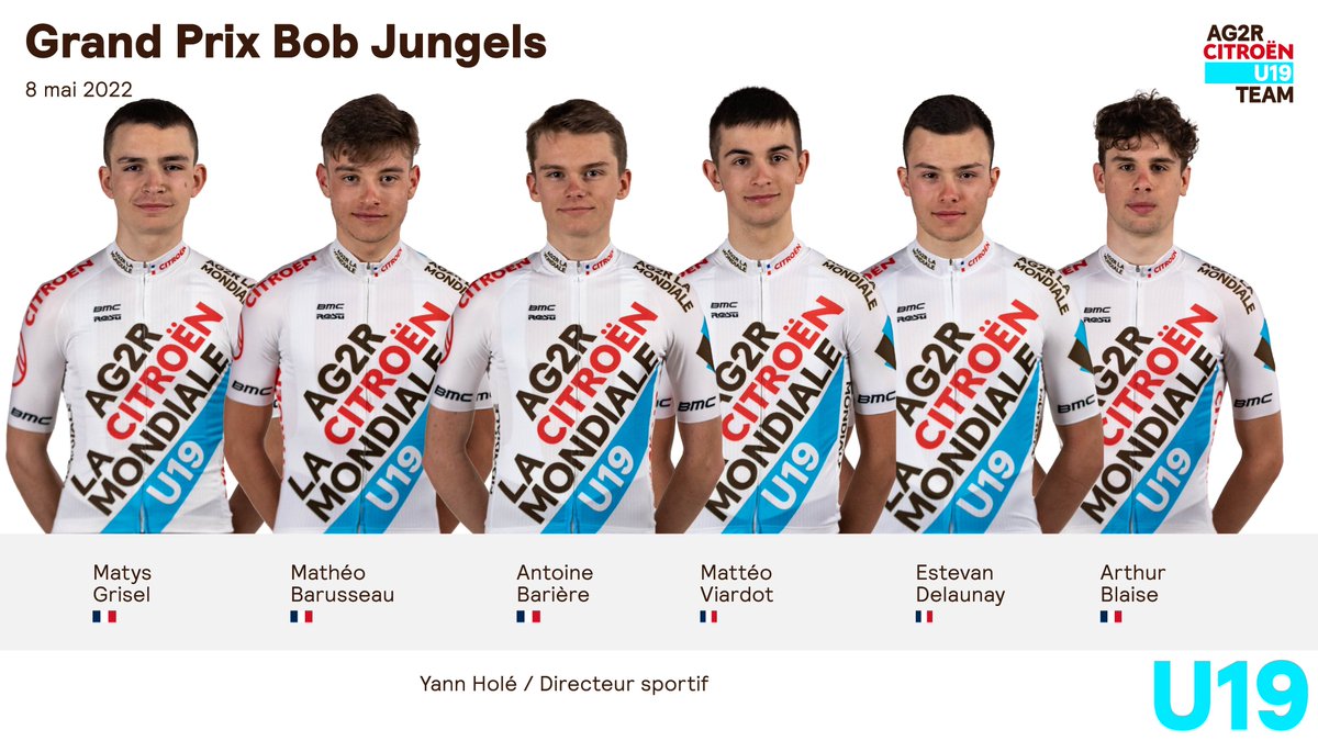 Direction le #Luxembourg pour le GP <a href="/BobJungels/">Bob Jungels</a> dimanche 8 mai 2022 
Voici la compo :
🇫🇷 <a href="/GriselMatys/">Grisel Matys</a> 
🇫🇷 <a href="/matheobarusseau/">Mathéo Barusseau</a> 
🇫🇷 <a href="/AntoineBariere/">Antoine Bariere</a> 
🇫🇷 <a href="/MatteoViardot/">Mattéo Viardot</a> 
🇫🇷 <a href="/EstevanDelaunay/">Delaunay Estevan</a> 
🇫🇷 <a href="/arthurblaise_/">Arthur Blaise</a> 
DS : <a href="/Yann_Hole/">Yann</a> 

start list : firstcycling.com/race.php?r=400…