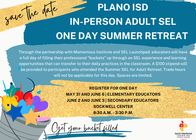 Come join us for an in-person Adult SEL One Day Summer Retreat! We have two dates available for elementary and two dates for secondary. Spaces are limited, so sign up in Powerschool today! We can't wait to see you! @sbradleyonfire @MsSongDotCom @PrincipalEwing @courtneygober