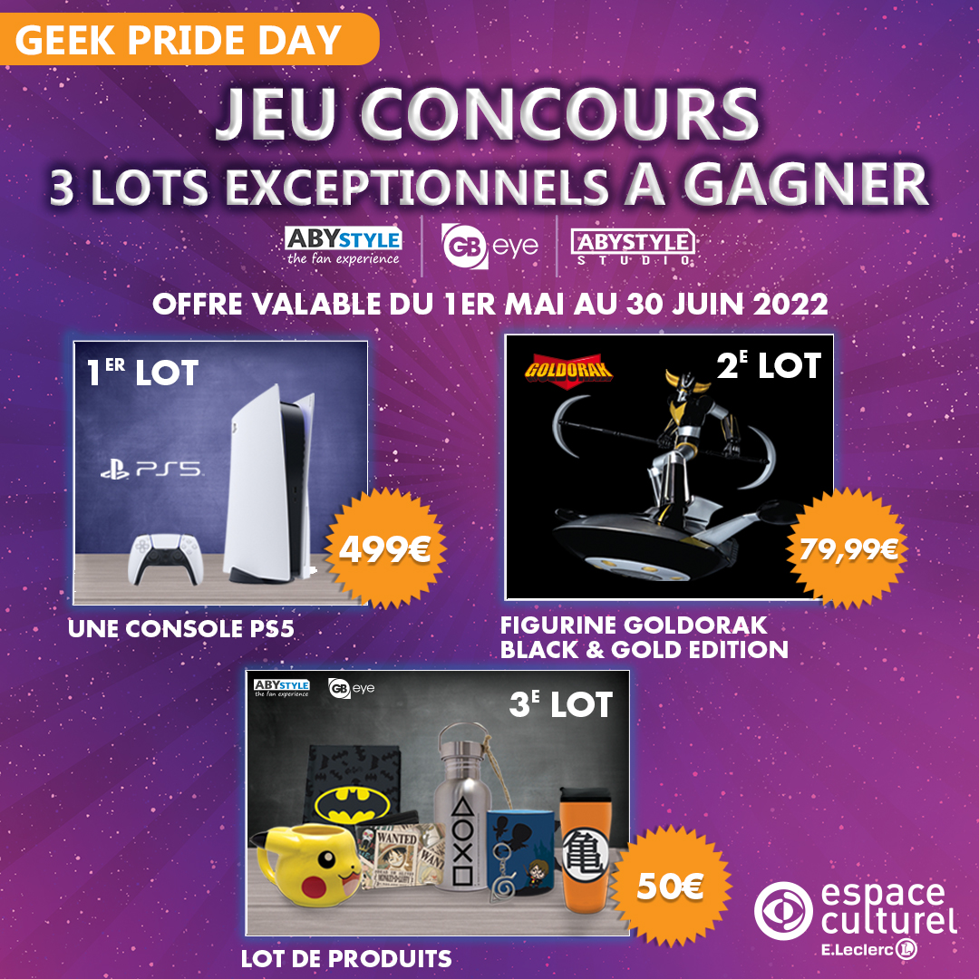 Leclerc_JV's tweet photo. #CONCOURS #GeekPrideDay
Pour tout achat d’un produit #ABYstyle, #ABYstyle Studio ou #GBeye dans nos magasins ou sur notre site #ELeclerc (https://t.co/CQE3WpXP1V), tentez de remporter l’un de ces 3 superbes lots ! 🔥
Pour s’inscrire, c’est ici ➡ https://t.co/Odbr1NjLO1 https://t.co/0V3RvO9LLE