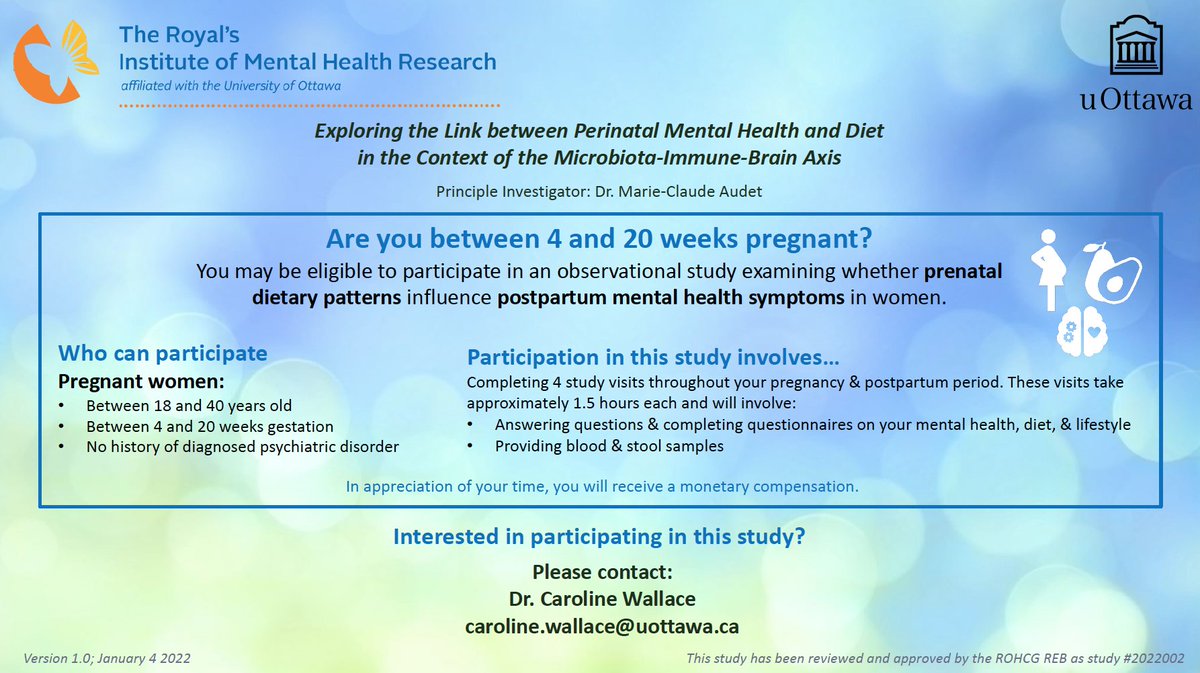 📢 We are NOW RECRUITING for our study examining the effects of perinatal diet on mental health! 🥑🧠

🤰 We are seeking women between 4 and 20 weeks pregnant in the Ottawa, ON area to participate.

ℹ️ See below for details &amp; contact information, and please share!