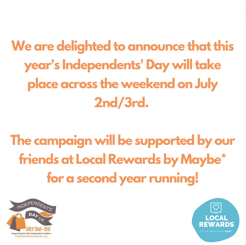 This year's Indie Day will take place across a full weekend, on the 2nd and 3rd July!

We are very pleased to be running the campaign thanks to the support of <a href="/MaybeTech/">Maybe*</a>'s Local Rewards technology.

To find our more about how you can get involved, visit: independentsdayuk.org