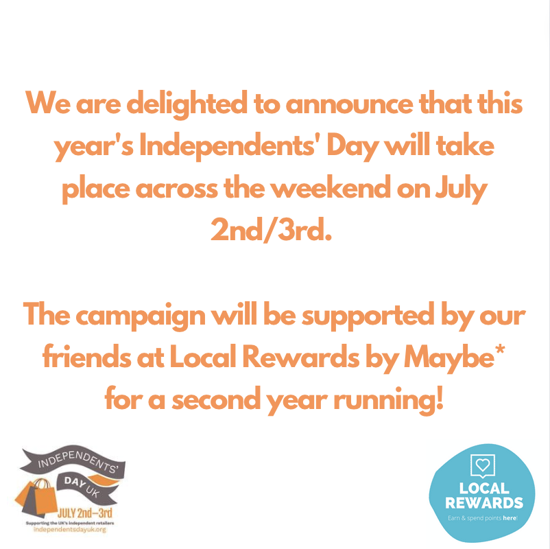 This year's Indie Day will take place across a full weekend, on the 2nd and 3rd July! We are very pleased to be running the campaign thanks to the support of @MaybeTech's Local Rewards technology. To find our more about how you can get involved, visit: independentsdayuk.org