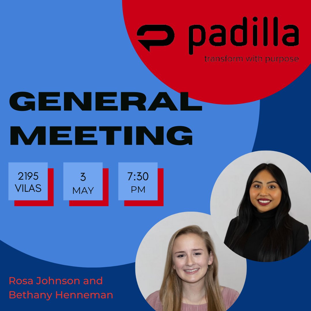 Hey PRSSA!! Join us tonight in Vilas 2195 at 7:30 p.m. where we'll welcome Rosa Johnson and Bethany Henneman, Assistant Account Executives at Padilla!