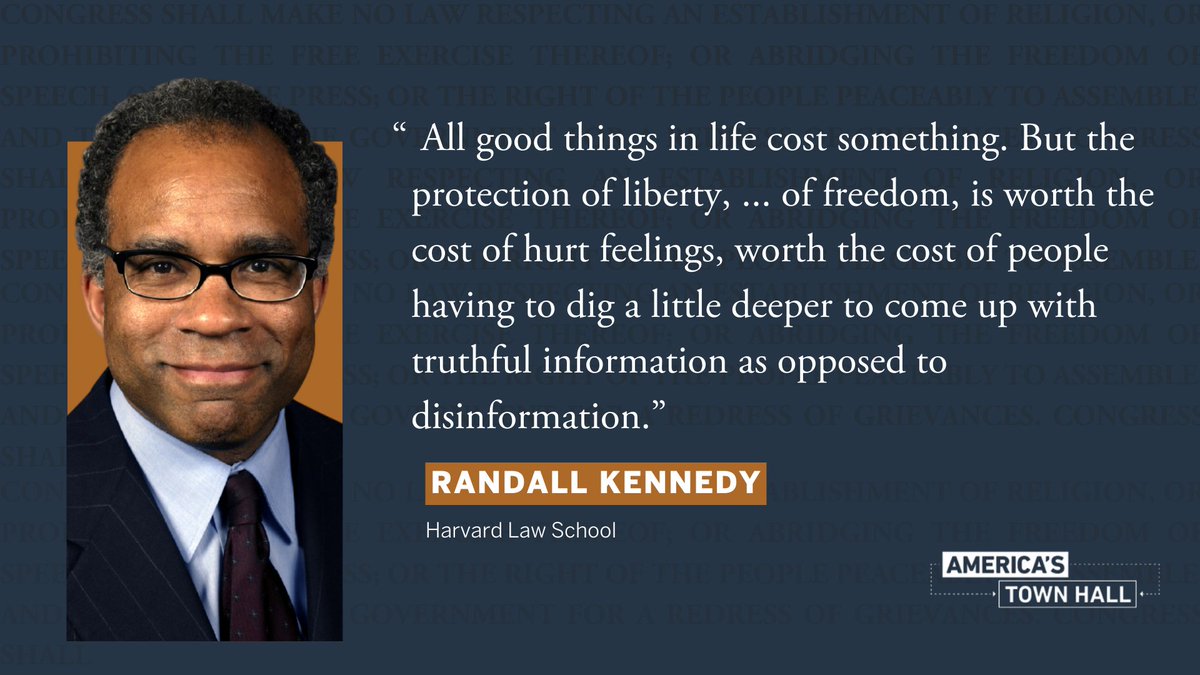 Free speech defenders @glukianoff Randall Kennedy, and Nadine Strossen discuss #FirstAmendment interpretation, the future of social media, protection of liberty and freedom, and more. Watch the full #AmericasTownHall program: ow.ly/GlxU50IXXta