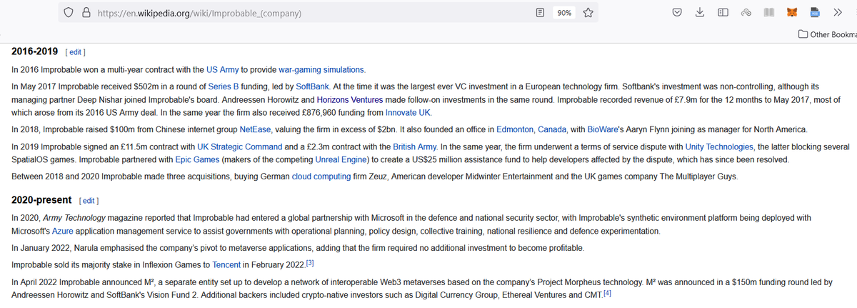 NFTethics's tweet photo. Improbable is the company creating Yuga Labs metaverse. They have contracts with the US &amp; UK army, and at the same time received a lot of funding from Saudi Arabia &amp; UAE (via SoftBank's Vision Fund), both large arms importers. They also made $150m loss and a16z is on their board. https://t.co/7ClnmpaCcK