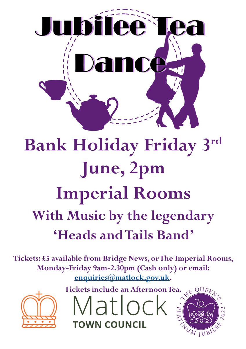 MatlockCouncil's tweet image. **JUBILEE TEA DANCE- BANK HOLIDAY FRIDAY 3RD JUNE**

It's now even easier to get your hands on tickets for this fabulous Tea Dance as Bridge News in the centre of #Matlock have kindly agreed to sell them for us

Your £5 ticket includes a wonderful Afternoon Tea! #PlatinumJubilee