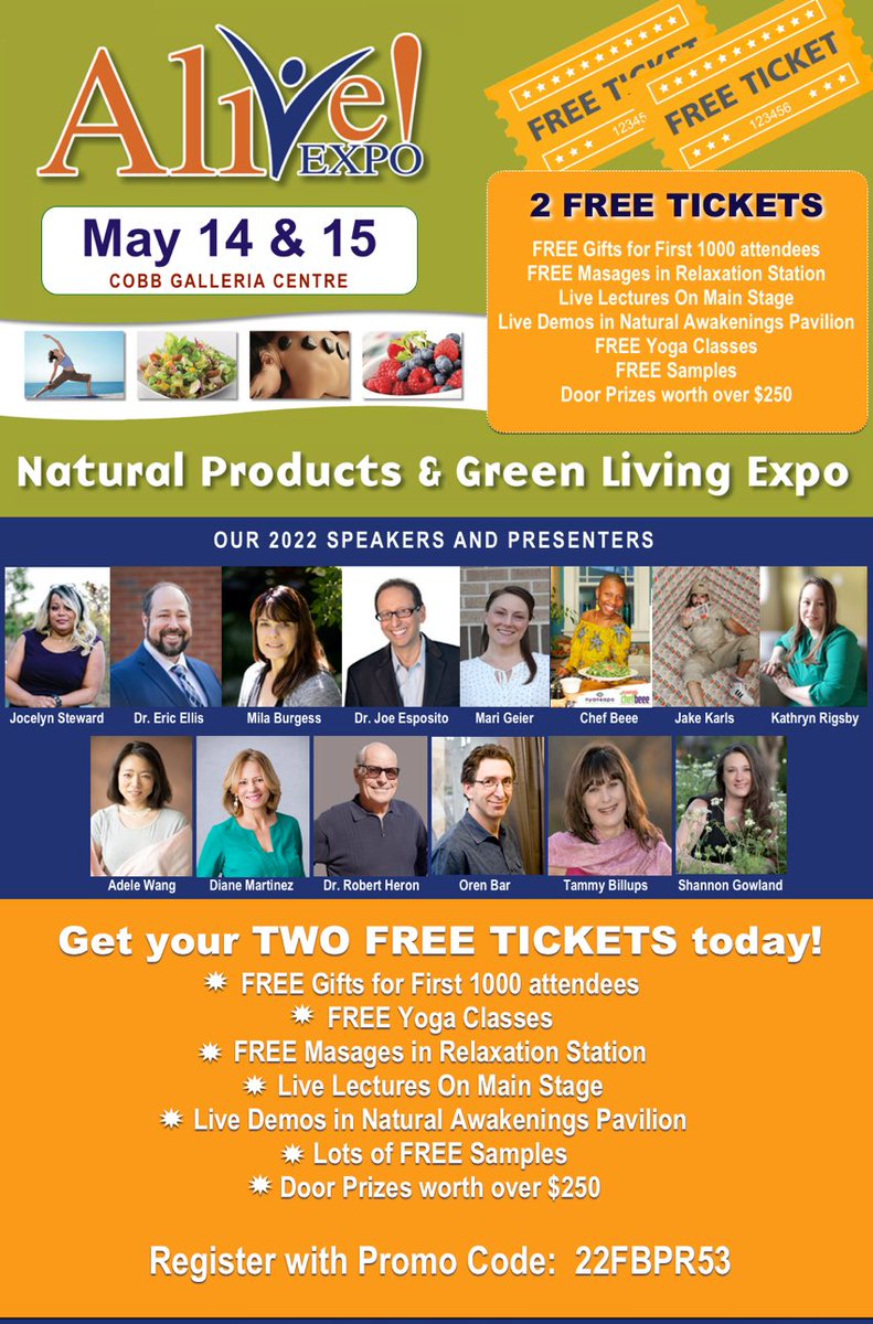 2 Free Tickets to Alive Expo
May 14 &amp; 15 at Cobb Galleria Centre
aliveexpo2022.eventbrite.com
Use Promo: 22FBPR53

Grab your friends and your FREE tickets and head over to the Alive Expo - Atlanta's ONLY Green Living &amp; Total Wellness Event!  Limited Quantity! Get Yours Today!