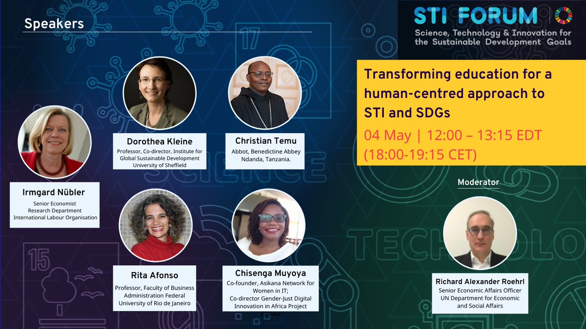 👩‍💻Join @ILO during the Science, Technology, and Innovation Forum! Transforming #Education for a #Human-centred approach to #STI for #SDGs ⏲️04 May 12:00PM - 13:15EDT @dorotheakleine @RitaAfonso1 @AfroChissy @IrmgardNubler More info: ilo.org/global/researc… #Tech4SDGs
