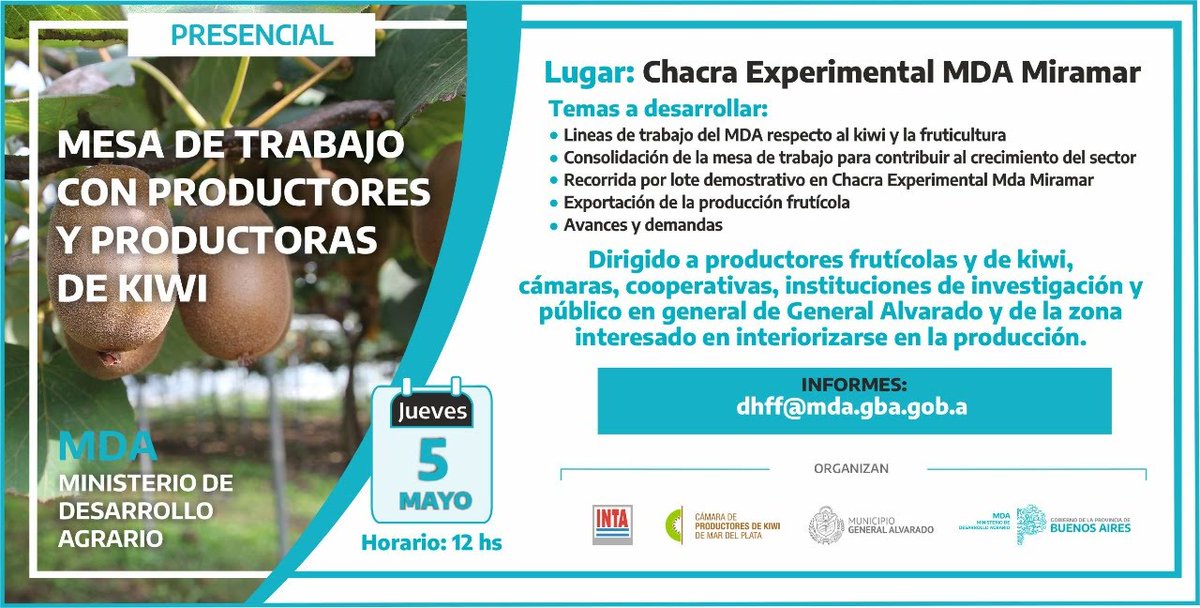 Los invitamos a participar de Mesa de Trabajo con productores y productoras de kiwi 🥝

📌 jueves 5 de mayo
🕗 12 hs
 📍  Chacra Experimental Miramar
📩 dhff@mda.gba.gob.ar