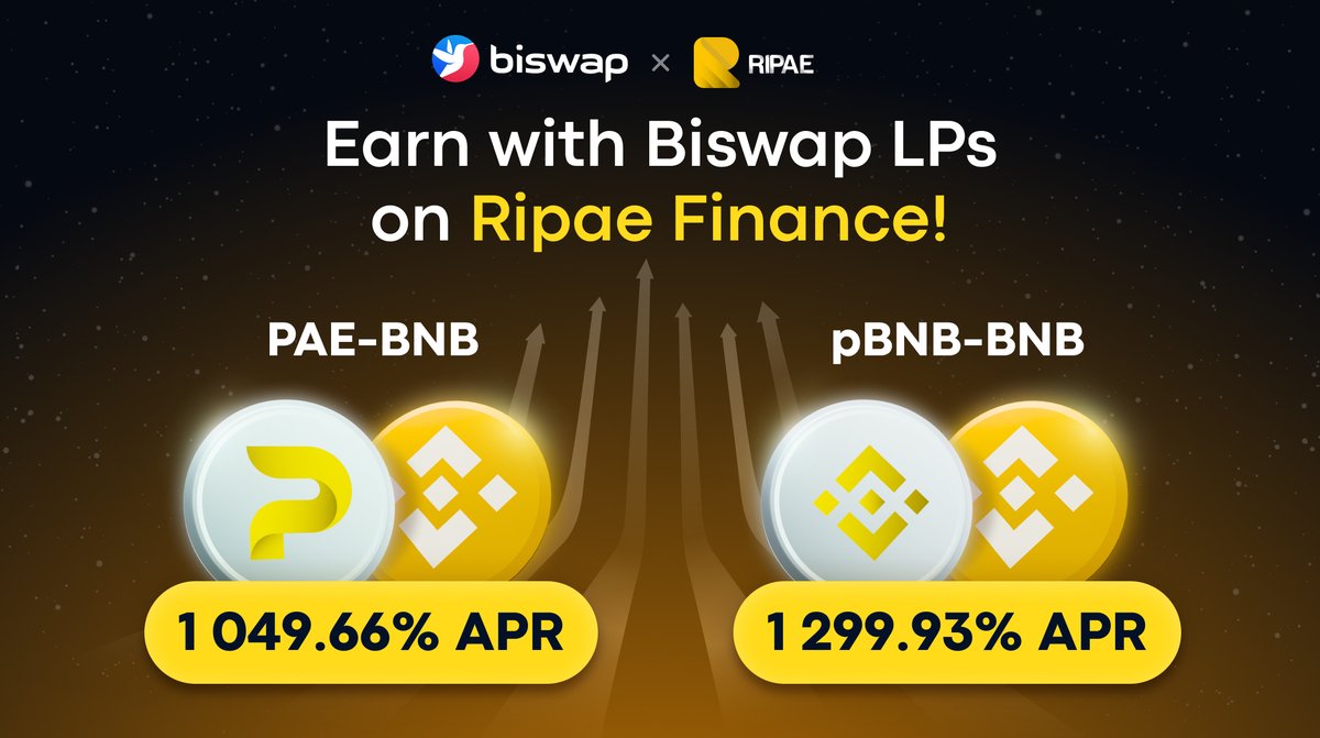 Biswap_Dex's tweet photo. 🌐Earn with @Biswap_Dex LPs on @ripaefinance!🌐

Star earning now:

🌟 Provide Liquidity on https://t.co/iGp2CQAKvd
🌟 Stake LPs on Ripae Finance: PAE-BNB &amp; pBNB-BNB 
🌟 Claim PAE tokens 

👉https://t.co/DpSO868VFM  

More details:
🔎 https://t.co/1j5OuJlt2q

#BiswapCollabs $BSW https://t.co/DVGdZaiKqy