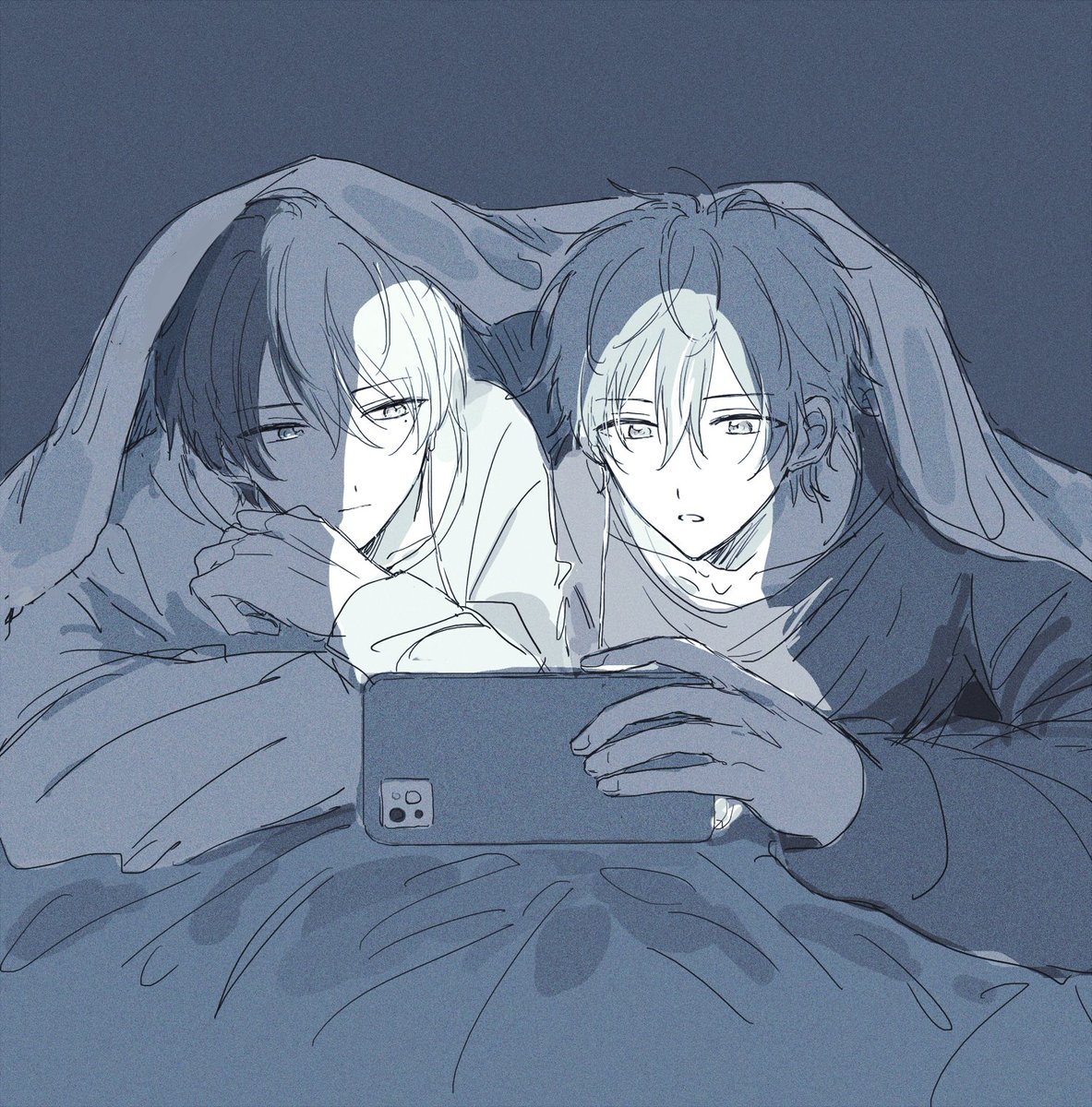 2boys multiple boys under covers male focus phone cellphone holding  illustration images