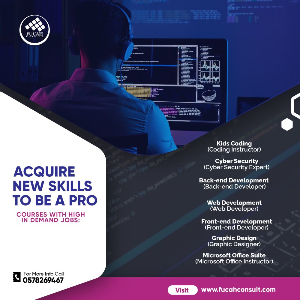 fucahconsult's tweet photo. Widen your skill set and increase your professional value with our top notch courses! 

From coding, cyber security, web development, graphic design and Microsoft Office training, we’ve got an arsenal of relevant courses! https://t.co/MRkIEdIL7w