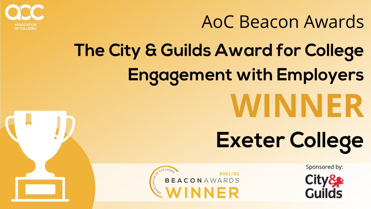 Congratulations to @ExeterCollege whose desire to move from a transactional to a strategic partnership initiative, lies at the heart of their award winning employer engagement #BeaconAwards success.

#AoCBeacons @GWRApprentices
@ExeApprentices