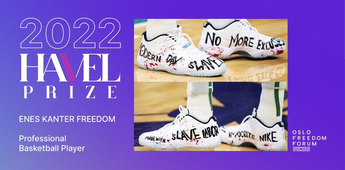 OsloFF's tweet photo. 2/ An @NBA superstar, @EnesFreedom dared to use his shoes and platform to denounce the brutality of the world’s worst dictators. Fear of reprisals by the Chinese Communist Party has arguably led the @Celtics and @HoustonRockets to drop Enes. https://t.co/XtkFTFGOmh