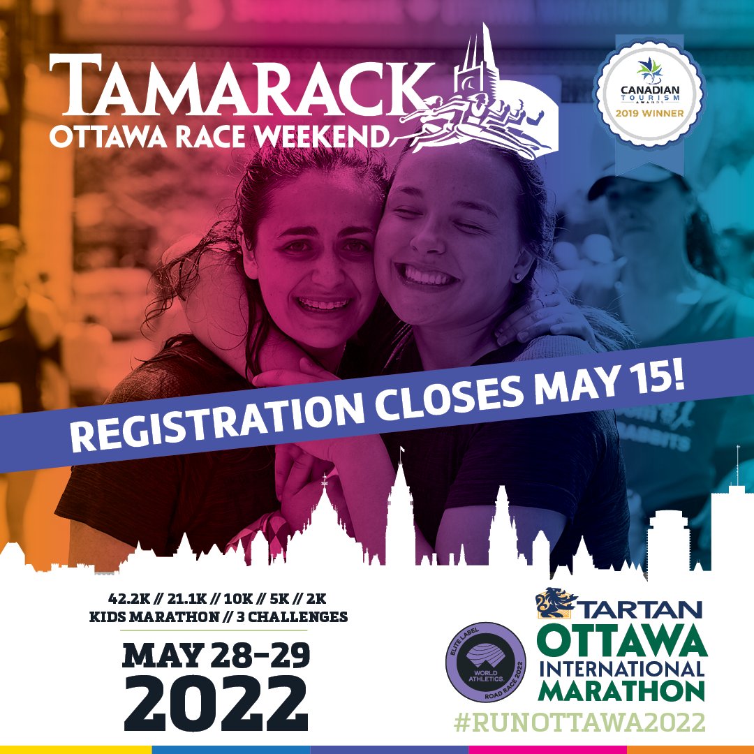 Registration for <a href="/TamarackHomes/">Tamarack Homes</a> <a href="/ottawaracewknd/">Tamarack Ottawa Race Weekend</a> CLOSES Sunday, May 15! Be part of the this year's spectacular return to racing in #Ottawa! It will be a running festival to remember! Sign-up now! raceroster.com/events/2022/50… #RunOttawa2022