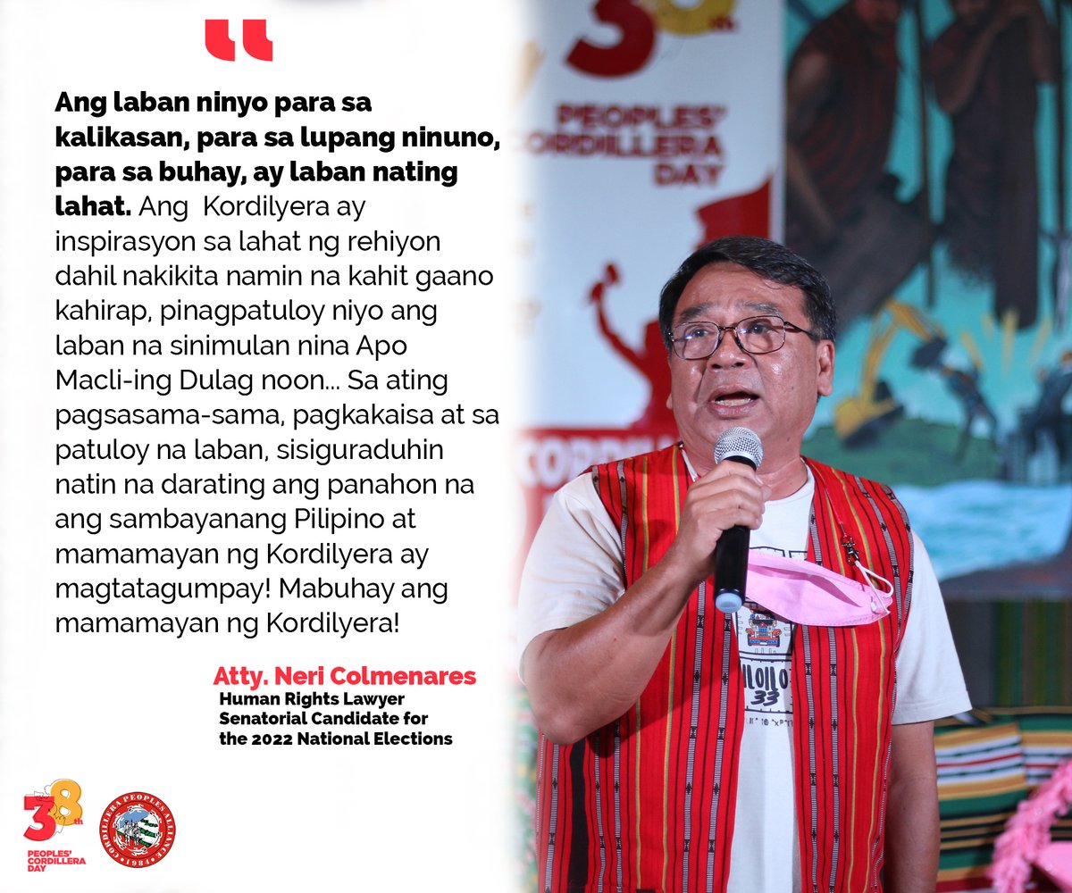 CPA_Cordillera's tweet photo. LOOK: Some excerpts from the messages delivered in our 38th Cordillera Day regional culminating activity. We are honored to have the presence of Beverly Longid, Atty. Neri Colmenares, and Elmer "Ka Bong" Labog!

#38thCordilleraDay
#UnitedNorth2022
#DefendCordilleraPH https://t.co/EQ7ZmEyvRu
